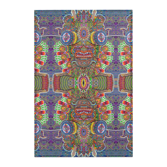 Open Your Eyes Mandala Area Rug by Chris Dyer featuring mirrored mystical faces, oversized eyes, and intricate psychedelic patterns in purple, green, orange, and blue.