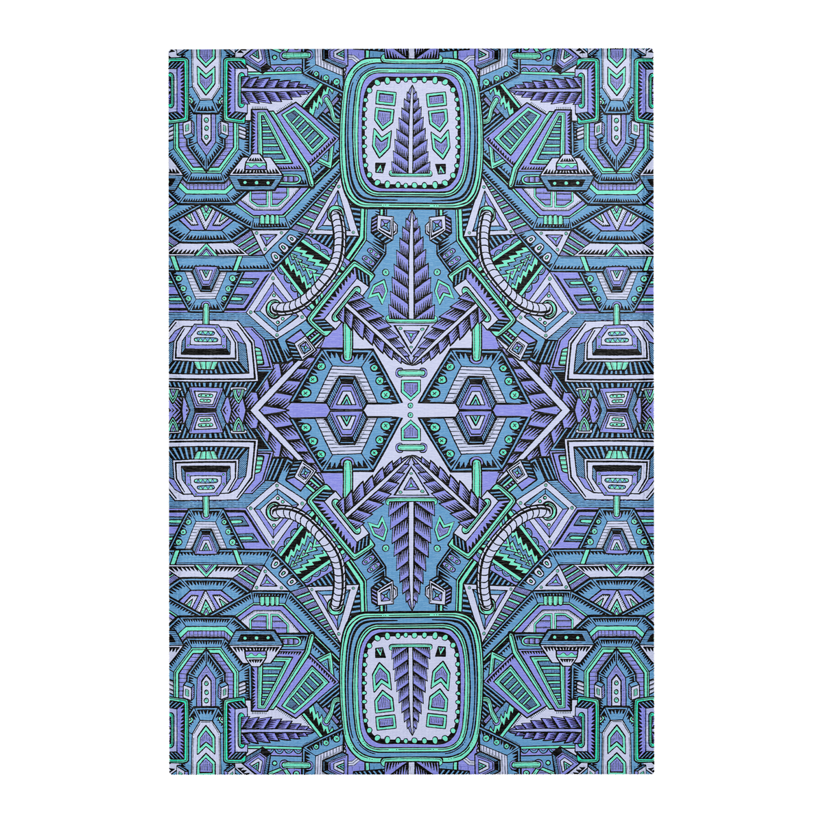 Nugatron Blues Mandala Area Rug by Chris Dyer featuring symmetrical futuristic geometric patterns in turquoise, teal, lavender, and electric blue.