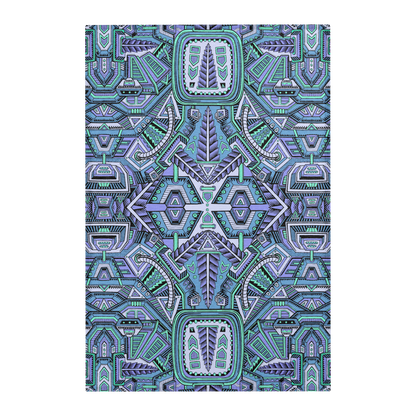 Nugatron Blues Mandala Area Rug by Chris Dyer featuring symmetrical futuristic geometric patterns in turquoise, teal, lavender, and electric blue.