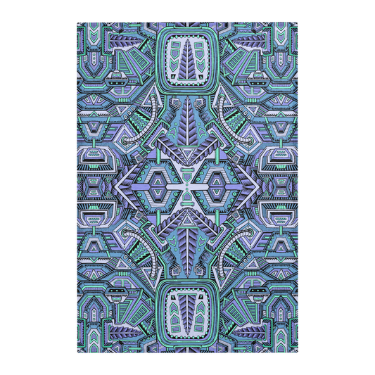 Nugatron Blues Mandala Area Rug by Chris Dyer featuring symmetrical futuristic geometric patterns in turquoise, teal, lavender, and electric blue.