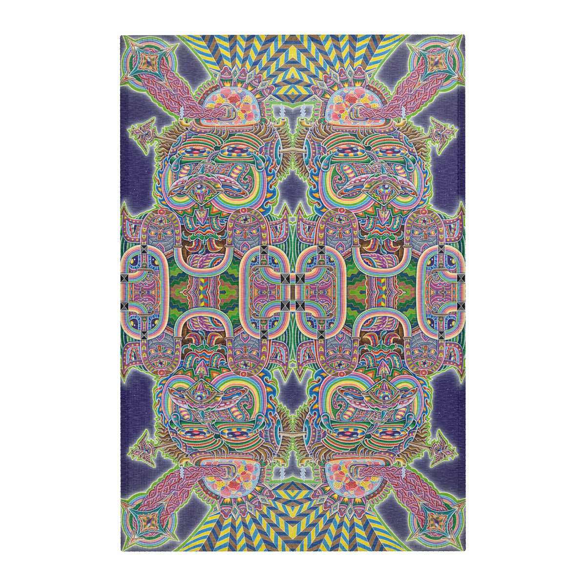 Expanding Consciousness Mandala Area Rug by Chris Dyer featuring mirrored psychedelic faces, intricate geometric patterns, and vibrant pink, green, turquoise, and yellow against deep purple.