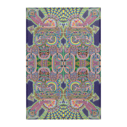 Expanding Consciousness Mandala Area Rug by Chris Dyer featuring mirrored psychedelic faces, intricate geometric patterns, and vibrant pink, green, turquoise, and yellow against deep purple.