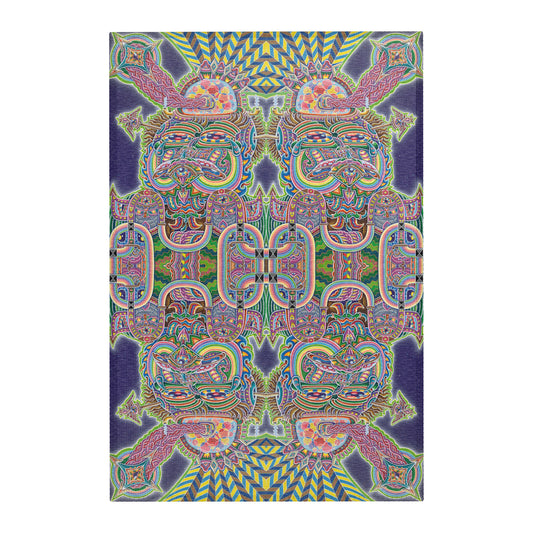 Expanding Consciousness Mandala Area Rug by Chris Dyer featuring mirrored psychedelic faces, intricate geometric patterns, and vibrant pink, green, turquoise, and yellow against deep purple.