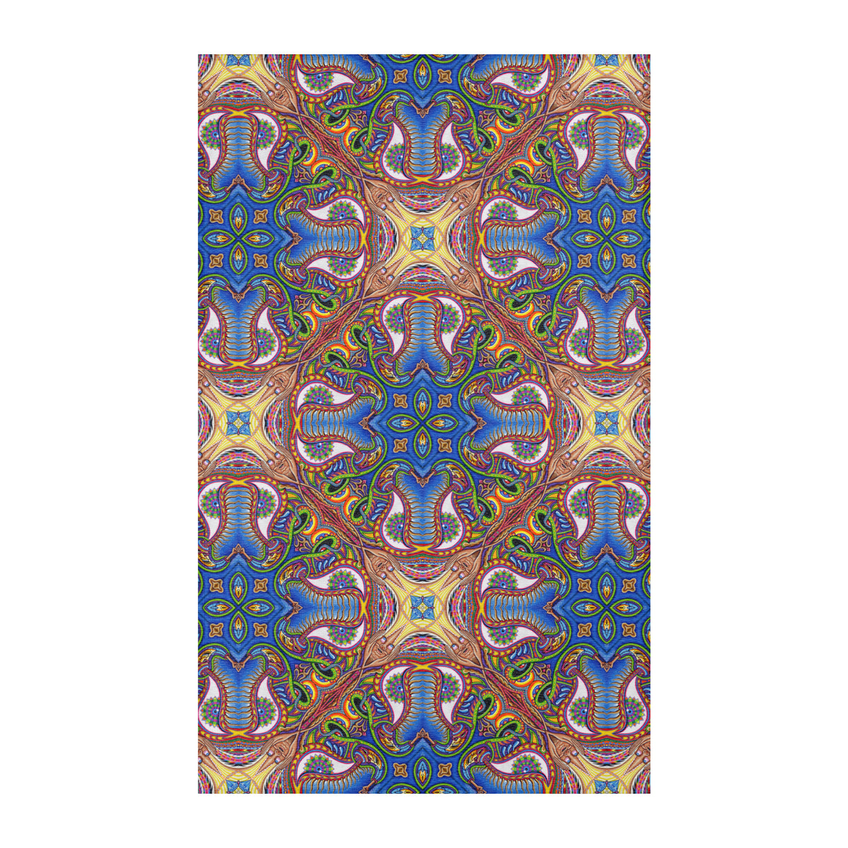 Apotheosis Mandala Area Rug by Chris Dyer featuring intricate psychedelic patterns in vibrant blues, purples, greens, and gold with symmetrical kaleidoscopic artwork.