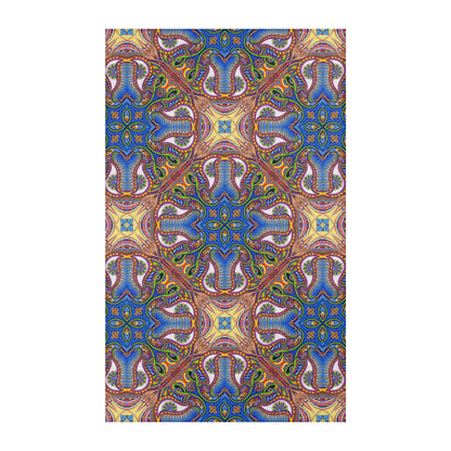 Apotheosis Mandala Area Rug by Chris Dyer featuring intricate psychedelic patterns in vibrant blues, purples, greens, and gold with symmetrical kaleidoscopic artwork.