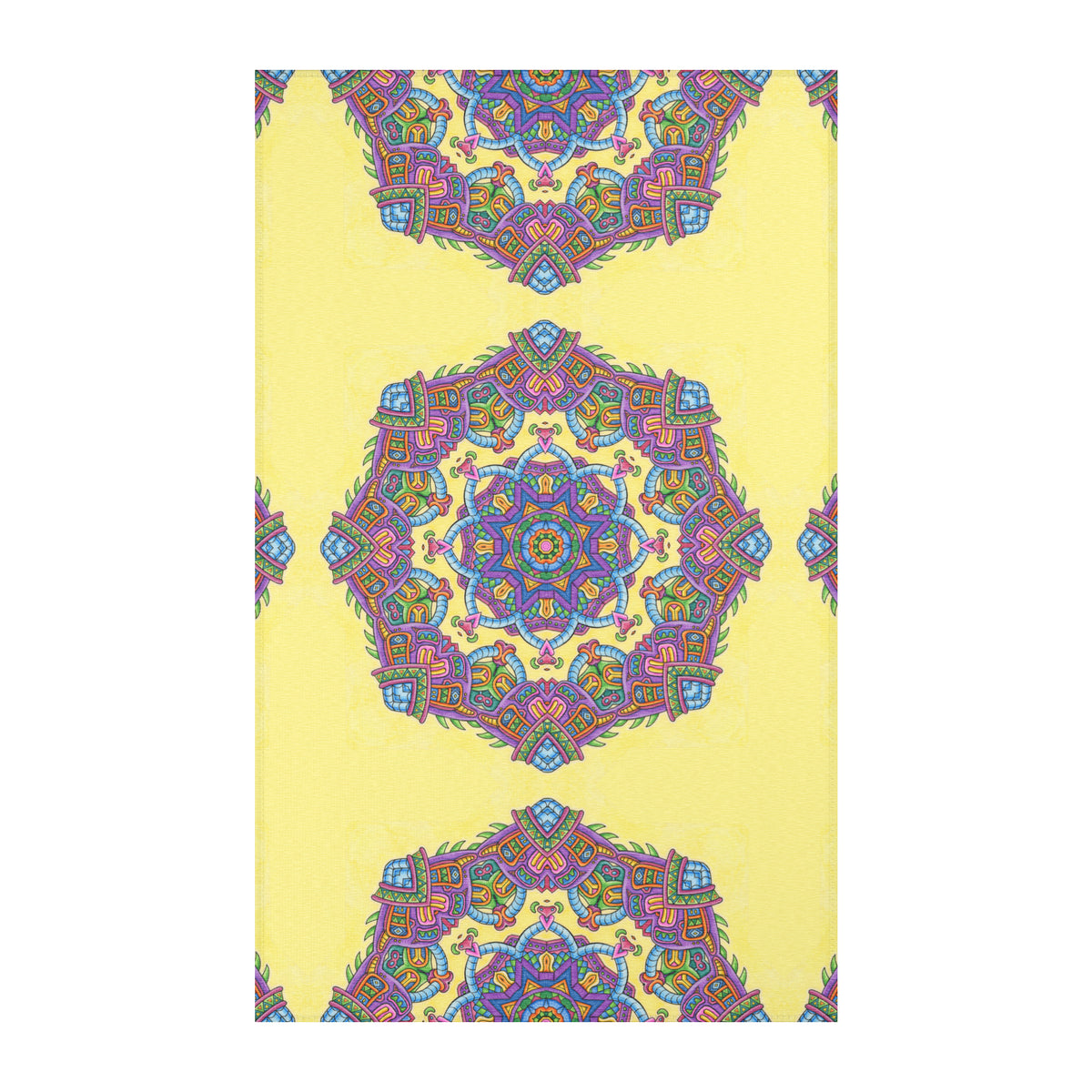 Light Worker Mandala Area Rug by Chris Dyer featuring colorful psychedelic geometric patterns on a bright yellow background
