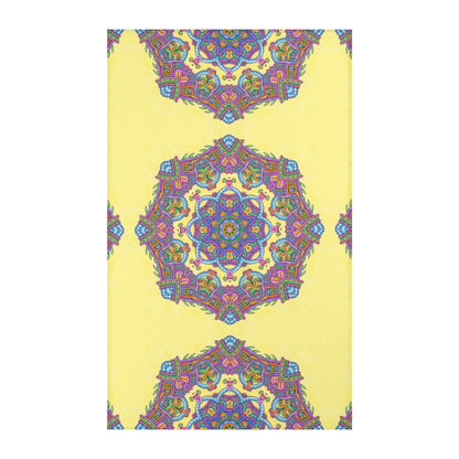 Light Worker Mandala Area Rug by Chris Dyer featuring colorful psychedelic geometric patterns on a bright yellow background