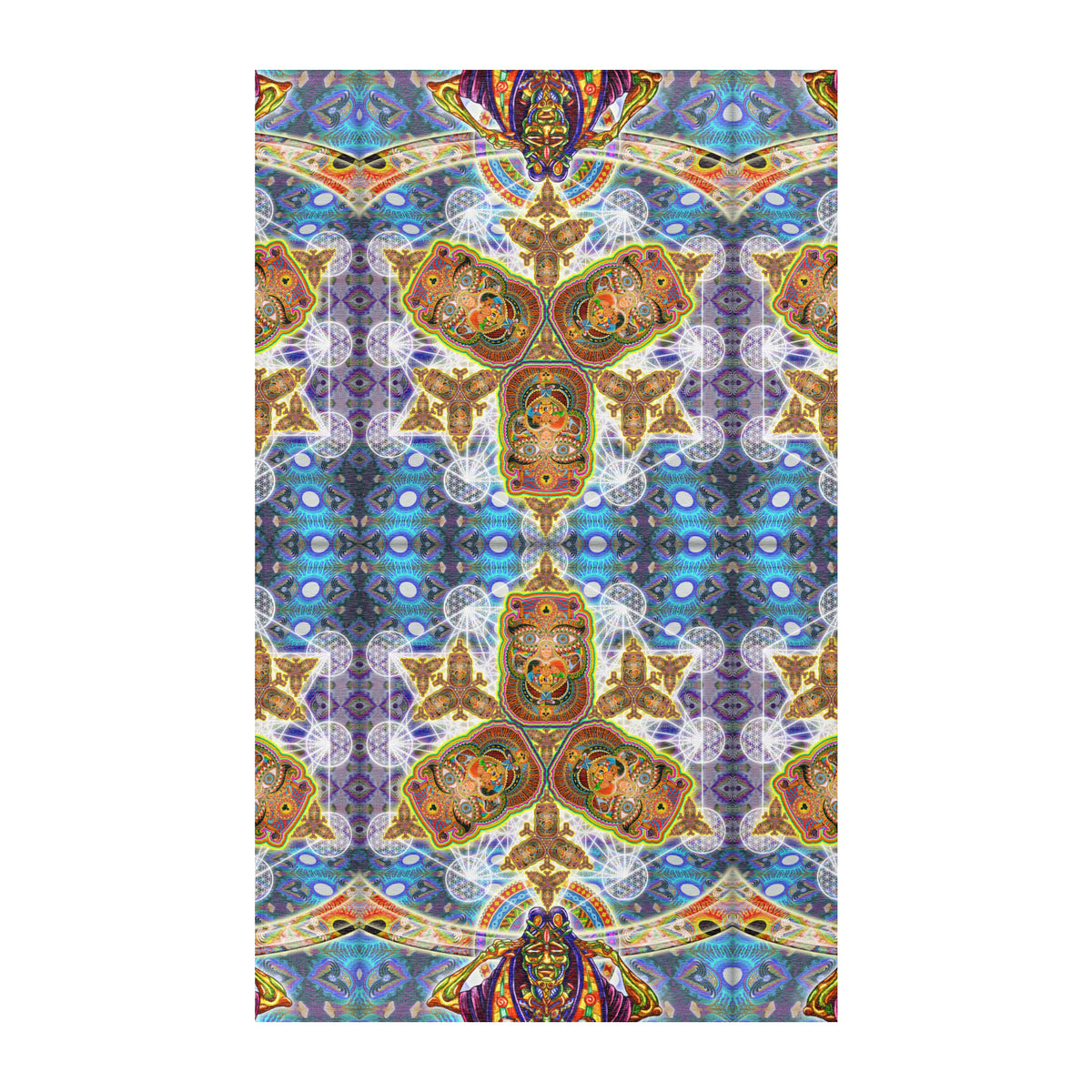 Messages from a Healing Fractal Dimension Mandala Area Rug by Chris Dyer featuring symmetrical psychedelic patterns, mystical faces, and vibrant blue, violet, turquoise, and golden tones.