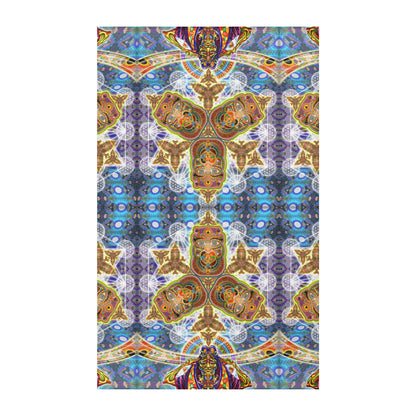 Messages from a Healing Fractal Dimension Mandala Area Rug by Chris Dyer featuring symmetrical psychedelic patterns, mystical faces, and vibrant blue, violet, turquoise, and golden tones.
