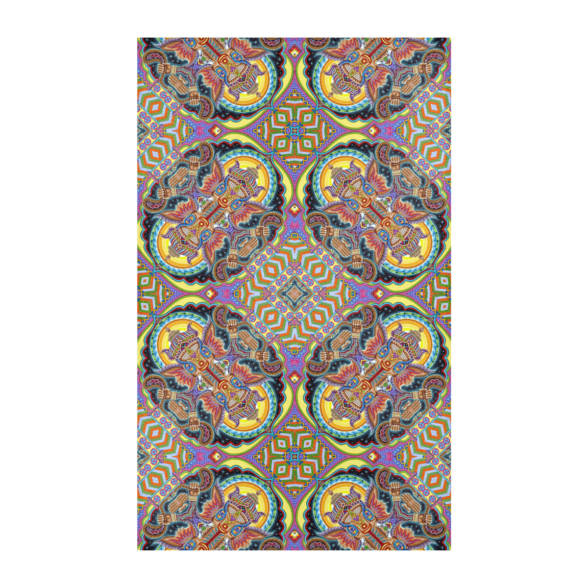 Jai Ganesha Mandala Area Rug by Chris Dyer featuring symmetrical Ganesha imagery, intricate geometric patterns, and vibrant yellow, turquoise, purple, and orange tones.
