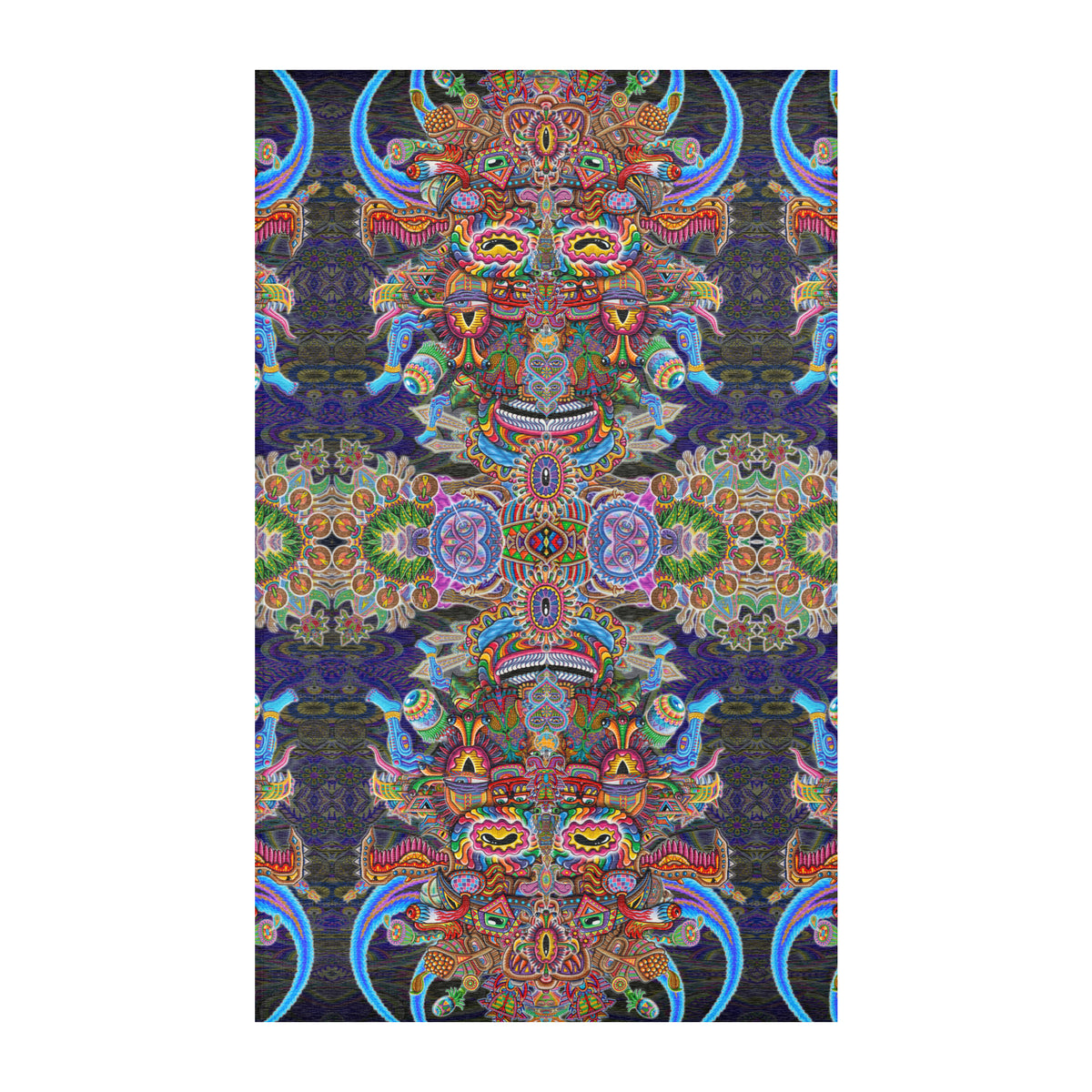 Bullish Man Mandala Area Rug by Chris Dyer featuring mirrored horned figures, intricate psychedelic patterns, and vibrant blue, purple, green, and orange tones.