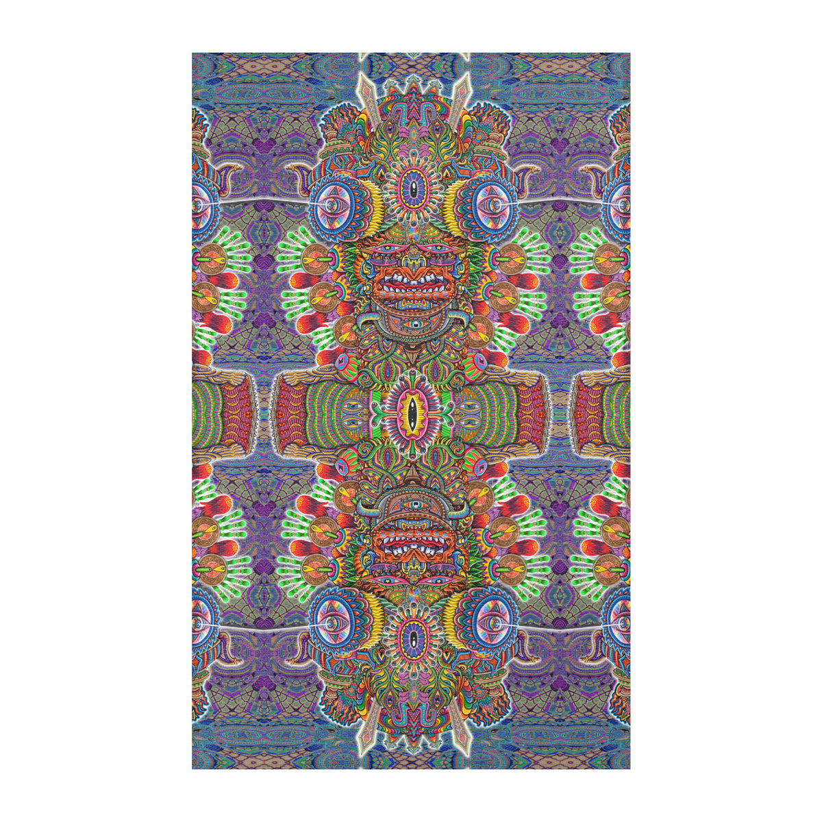 Open Your Eyes Mandala Area Rug by Chris Dyer featuring mirrored mystical faces, oversized eyes, and intricate psychedelic patterns in purple, green, orange, and blue.
