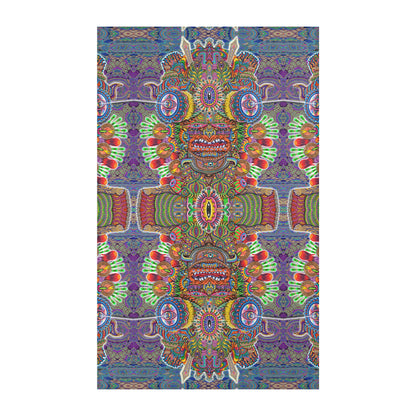 Open Your Eyes Mandala Area Rug by Chris Dyer featuring mirrored mystical faces, oversized eyes, and intricate psychedelic patterns in purple, green, orange, and blue.