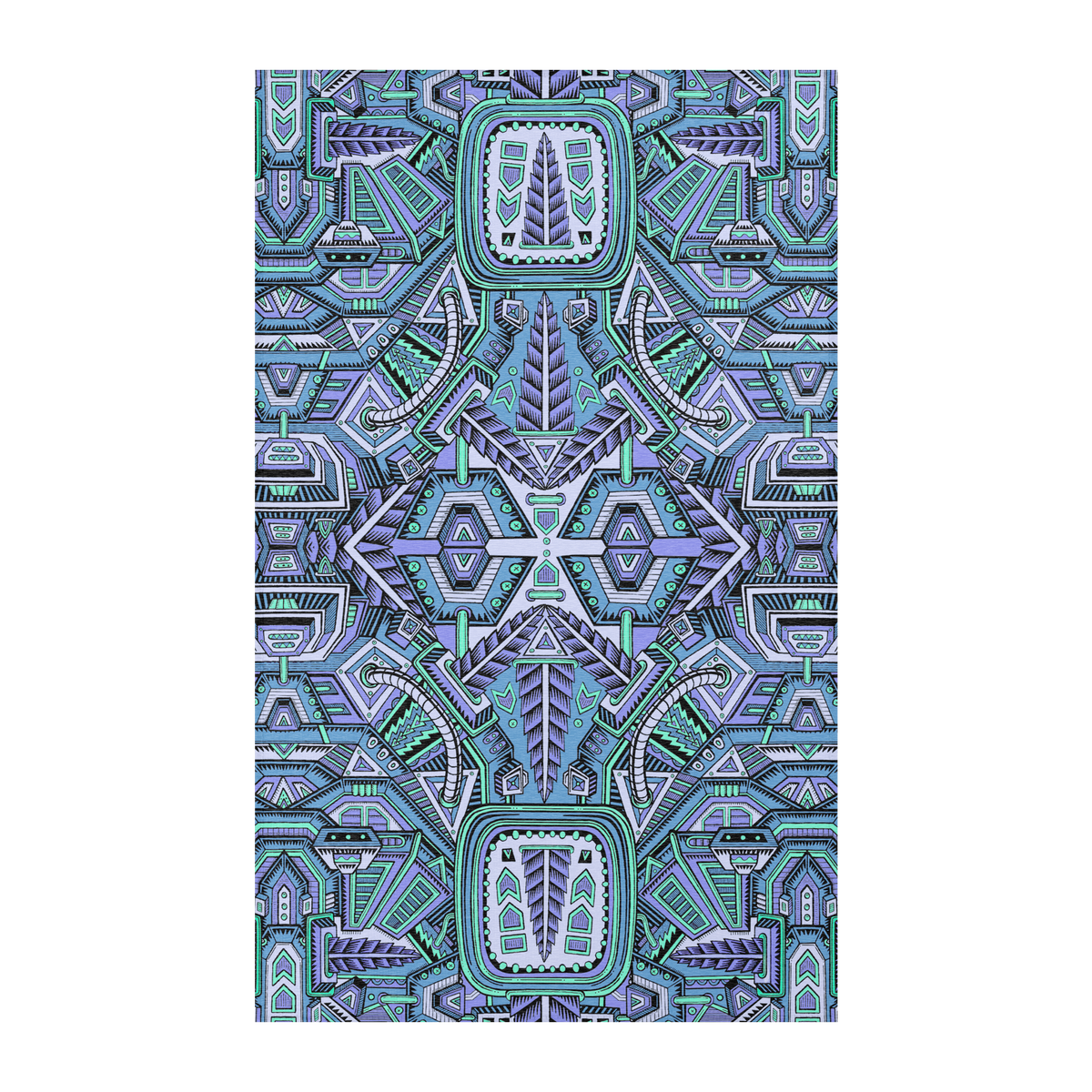 Nugatron Blues Mandala Area Rug by Chris Dyer featuring symmetrical futuristic geometric patterns in turquoise, teal, lavender, and electric blue.
