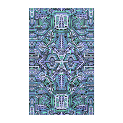 Nugatron Blues Mandala Area Rug by Chris Dyer featuring symmetrical futuristic geometric patterns in turquoise, teal, lavender, and electric blue.