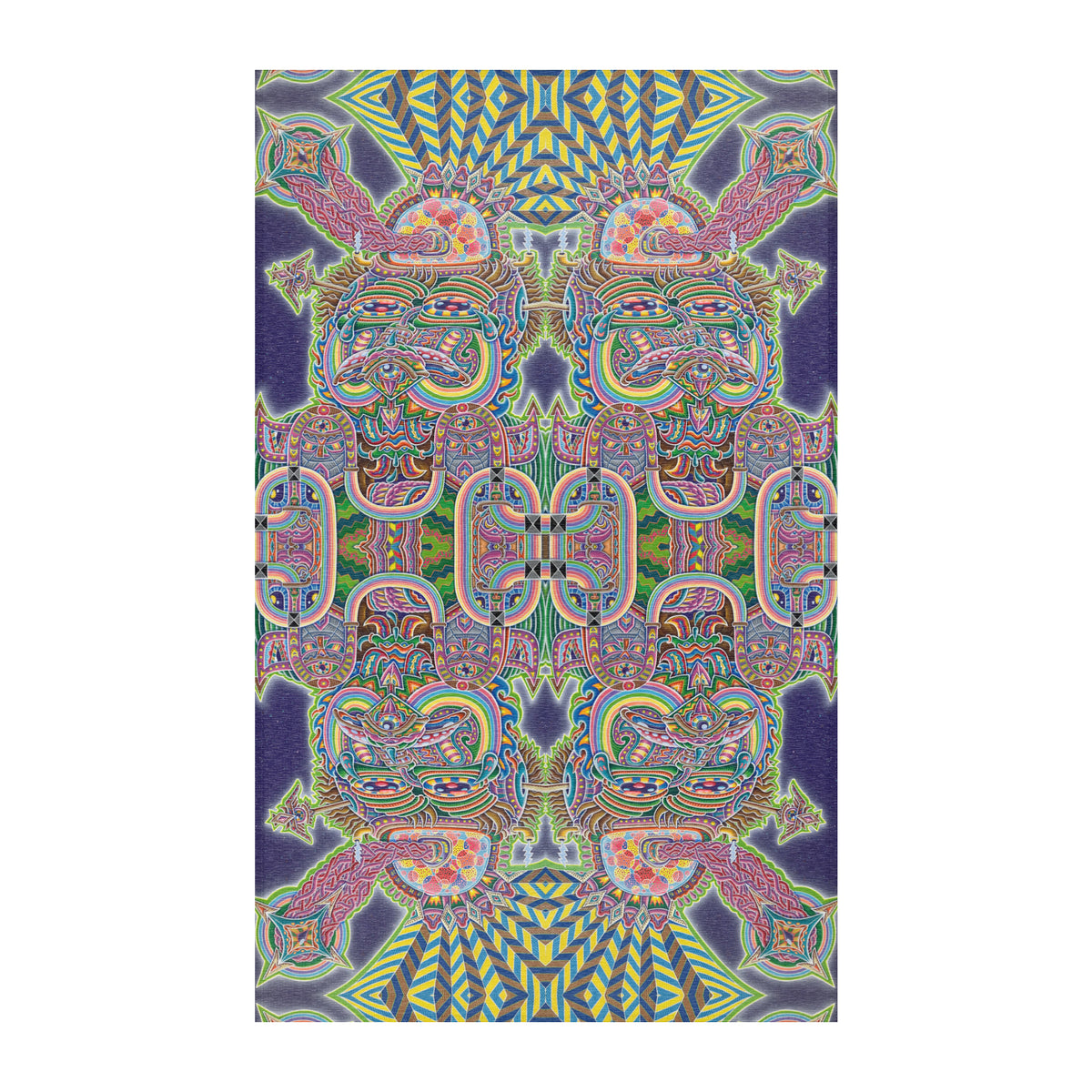 Expanding Consciousness Mandala Area Rug by Chris Dyer featuring mirrored psychedelic faces, intricate geometric patterns, and vibrant pink, green, turquoise, and yellow against deep purple.