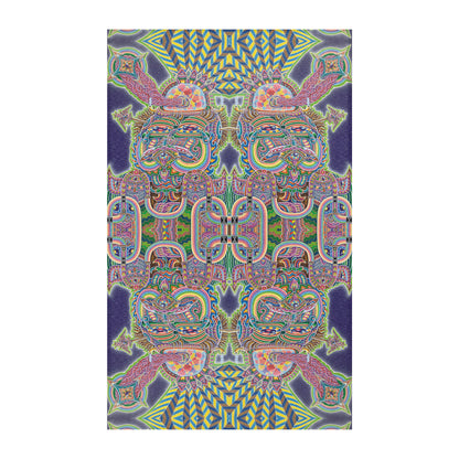 Expanding Consciousness Mandala Area Rug by Chris Dyer featuring mirrored psychedelic faces, intricate geometric patterns, and vibrant pink, green, turquoise, and yellow against deep purple.