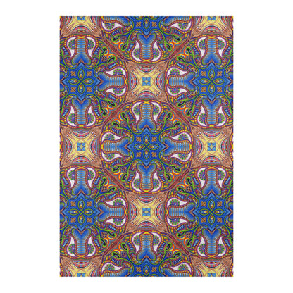 Apotheosis Mandala Area Rug by Chris Dyer featuring intricate psychedelic patterns in vibrant blues, purples, greens, and gold with symmetrical kaleidoscopic artwork.