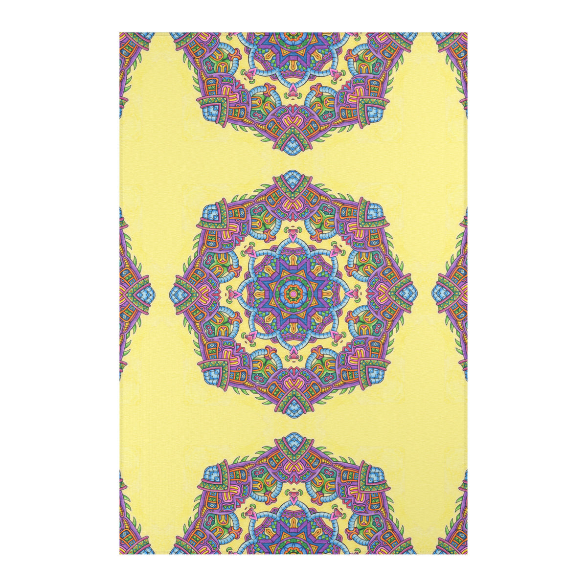 Light Worker Mandala Area Rug by Chris Dyer featuring colorful psychedelic geometric patterns on a bright yellow background