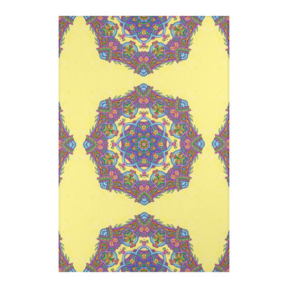Light Worker Mandala Area Rug by Chris Dyer featuring colorful psychedelic geometric patterns on a bright yellow background