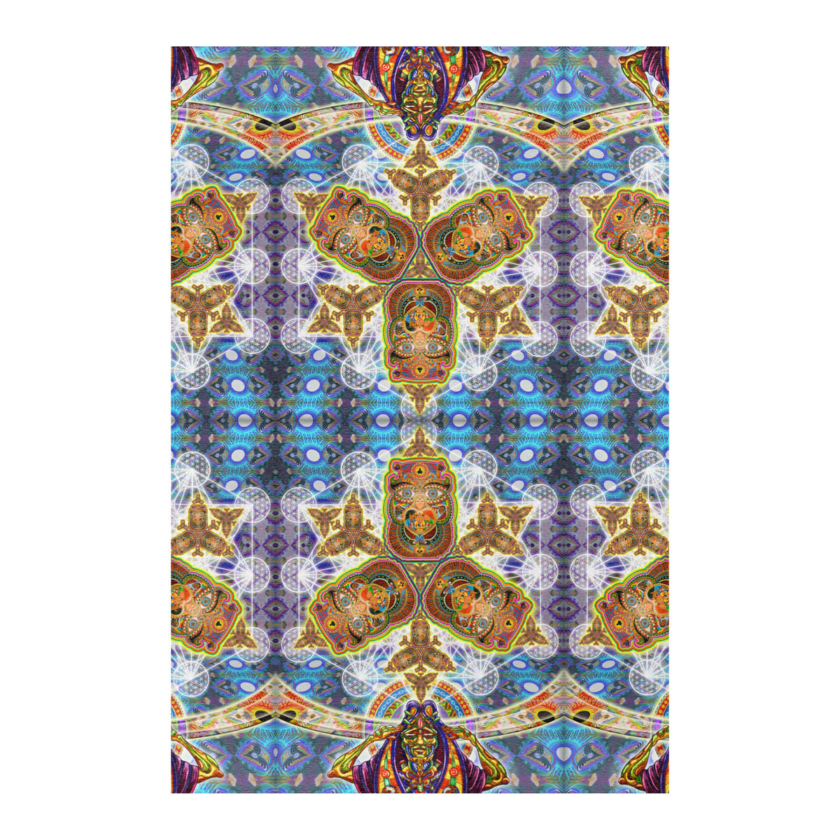 Messages from a Healing Fractal Dimension Mandala Area Rug by Chris Dyer featuring symmetrical psychedelic patterns, mystical faces, and vibrant blue, violet, turquoise, and golden tones.