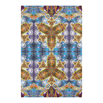 Messages from a Healing Fractal Dimension Mandala Area Rug by Chris Dyer featuring symmetrical psychedelic patterns, mystical faces, and vibrant blue, violet, turquoise, and golden tones.