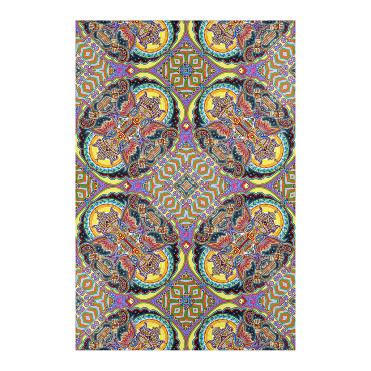 Jai Ganesha Mandala Area Rug by Chris Dyer featuring symmetrical Ganesha imagery, intricate geometric patterns, and vibrant yellow, turquoise, purple, and orange tones.