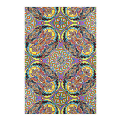 Jai Ganesha Mandala Area Rug by Chris Dyer featuring symmetrical Ganesha imagery, intricate geometric patterns, and vibrant yellow, turquoise, purple, and orange tones.