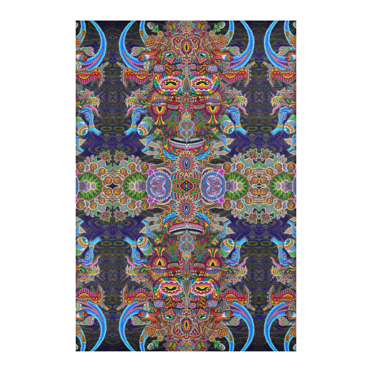 Bullish Man Mandala Area Rug by Chris Dyer featuring mirrored horned figures, intricate psychedelic patterns, and vibrant blue, purple, green, and orange tones.