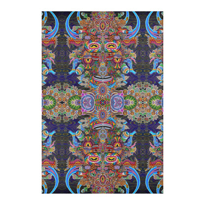 Bullish Man Mandala Area Rug by Chris Dyer featuring mirrored horned figures, intricate psychedelic patterns, and vibrant blue, purple, green, and orange tones.