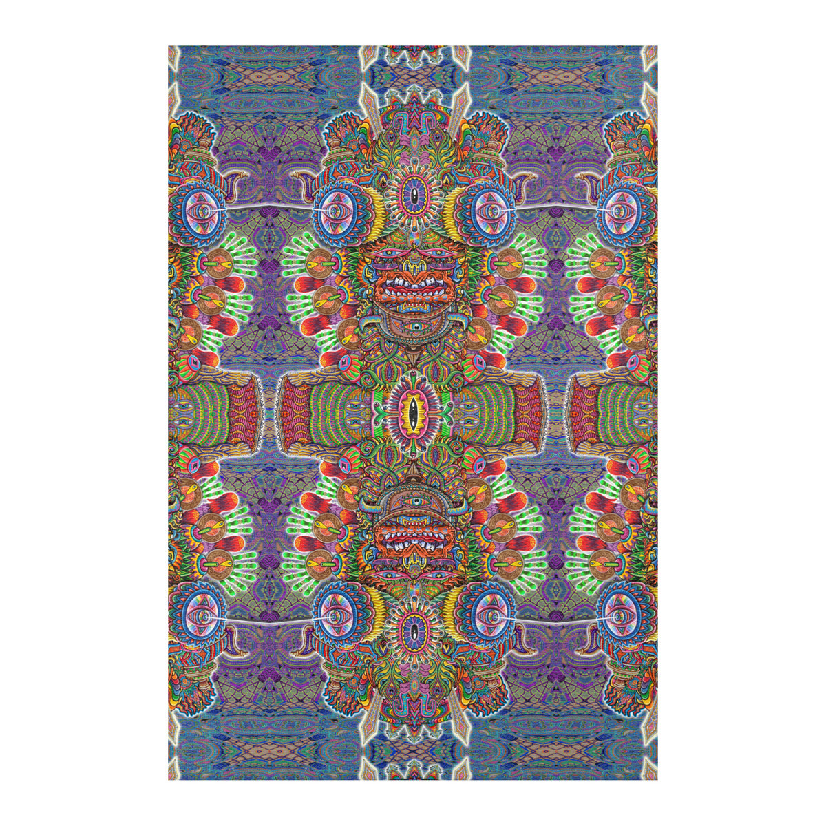 Open Your Eyes Mandala Area Rug by Chris Dyer featuring mirrored mystical faces, oversized eyes, and intricate psychedelic patterns in purple, green, orange, and blue.