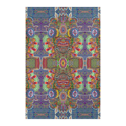 Open Your Eyes Mandala Area Rug by Chris Dyer featuring mirrored mystical faces, oversized eyes, and intricate psychedelic patterns in purple, green, orange, and blue.