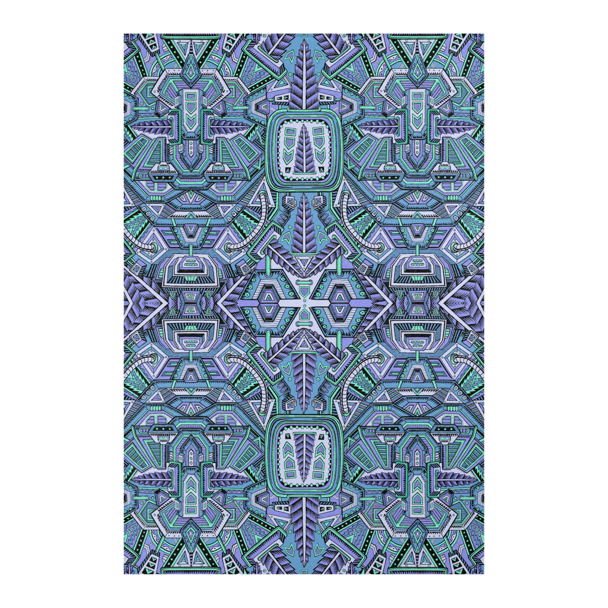 Nugatron Blues Mandala Area Rug by Chris Dyer featuring symmetrical futuristic geometric patterns in turquoise, teal, lavender, and electric blue.