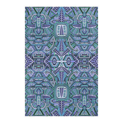 Nugatron Blues Mandala Area Rug by Chris Dyer featuring symmetrical futuristic geometric patterns in turquoise, teal, lavender, and electric blue.