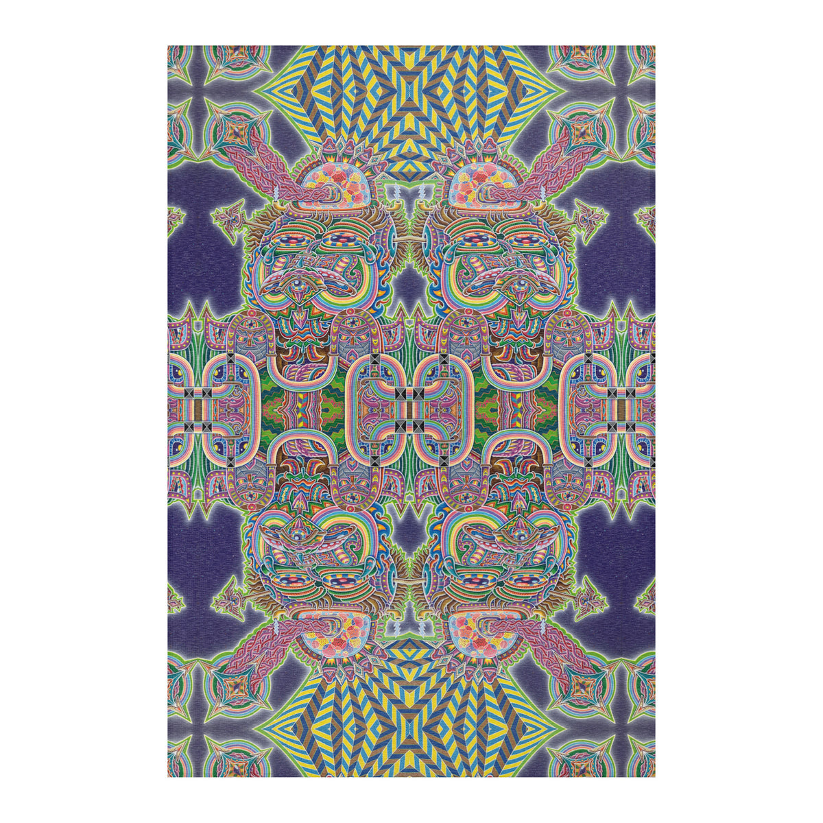 Expanding Consciousness Mandala Area Rug by Chris Dyer featuring mirrored psychedelic faces, intricate geometric patterns, and vibrant pink, green, turquoise, and yellow against deep purple.
