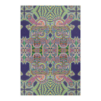 Expanding Consciousness Mandala Area Rug by Chris Dyer featuring mirrored psychedelic faces, intricate geometric patterns, and vibrant pink, green, turquoise, and yellow against deep purple.